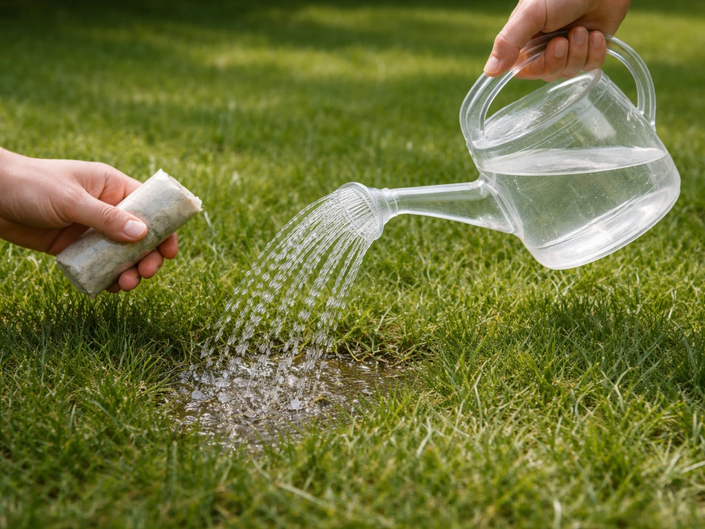 Persoon geeft direct water na het uitzetten van aaltjes op het gazon met een gieter.