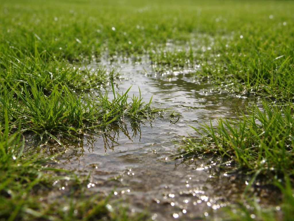 Close-up van een gelijkmatige waterfilm op graszode, met lichte druppels en bodemtextuur zichtbaar.