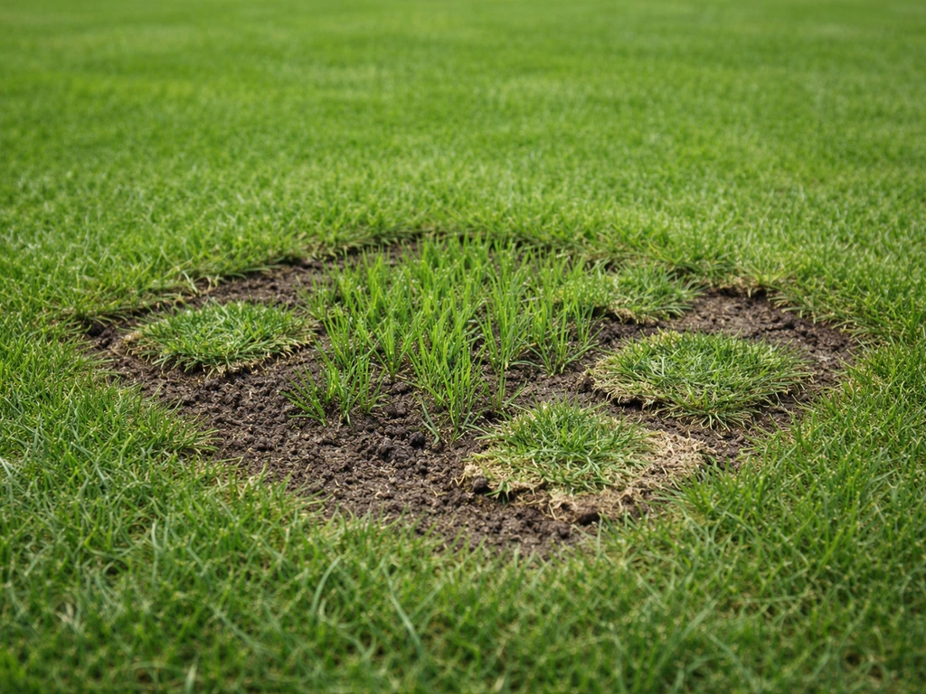 Herstelplekken in een gazon met vers gras en aangestampte zoden na behandeling, in natuurlijk licht
