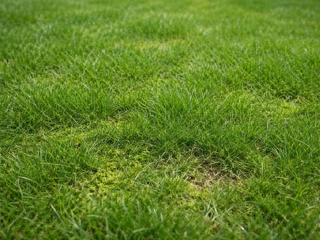 Close-up van een gazon met Engels raaigras-achtige polletjes, wisselende dichtheid en lichte mosplekken