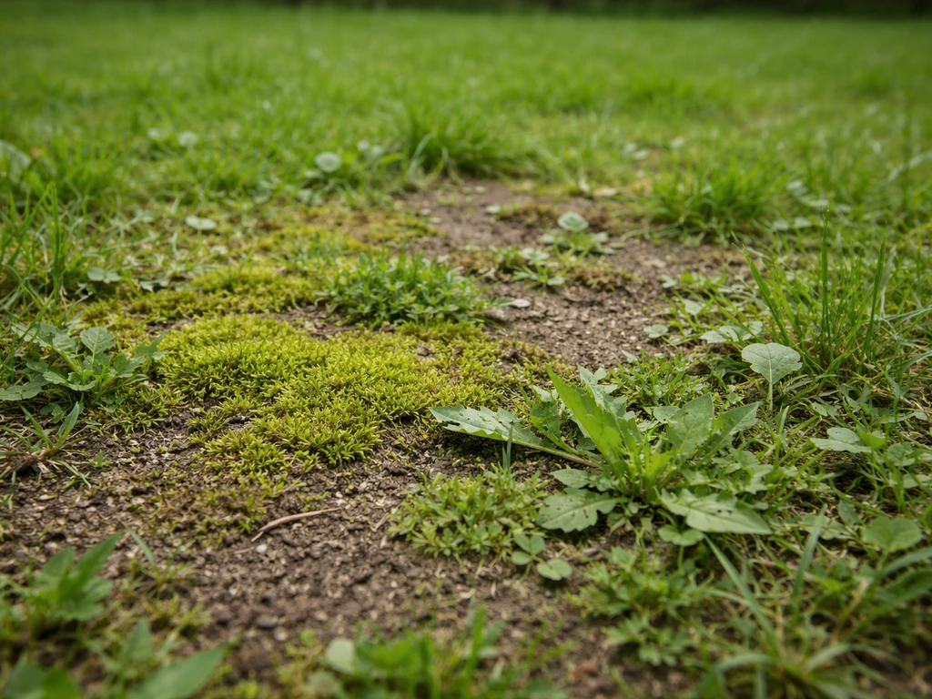Close-up van mosplekken en onkruid tussen het gras in een gazon, klaar om gericht aan te pakken.