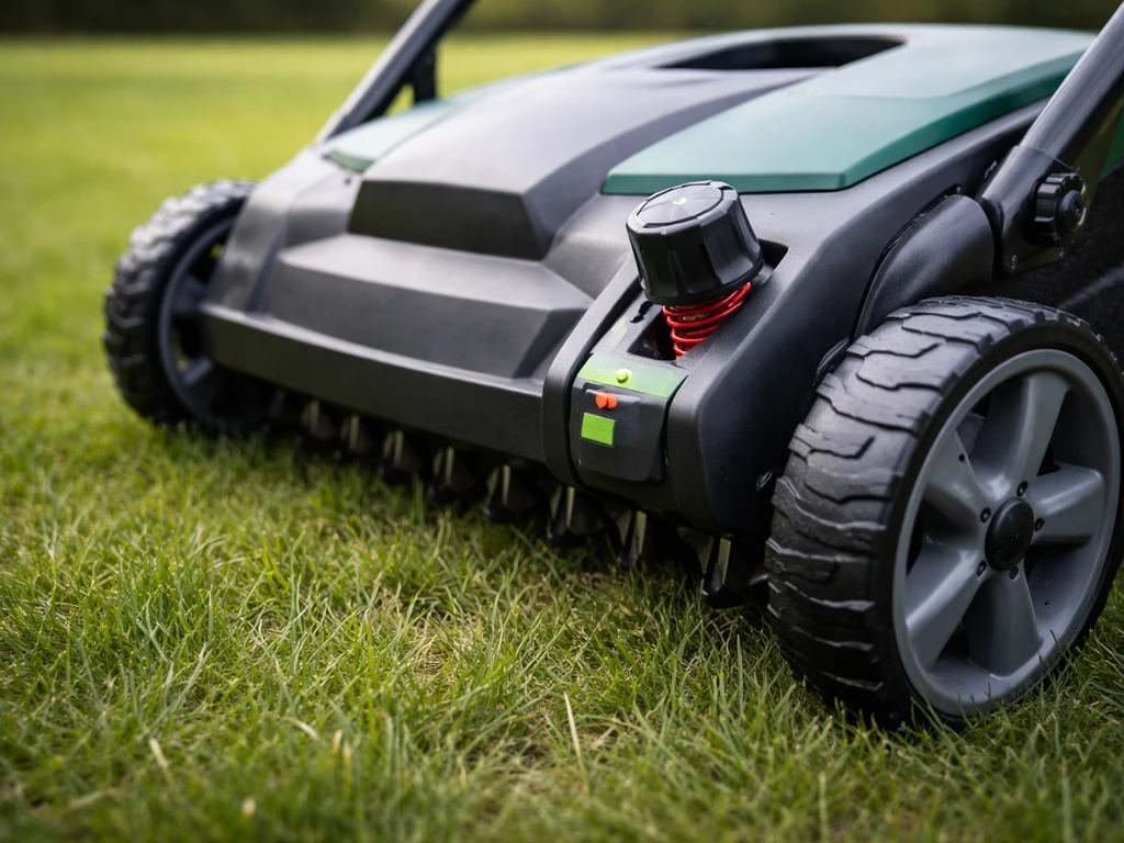 Close-up van een verticuteermachine met instelknop in lagere stand op een gazon