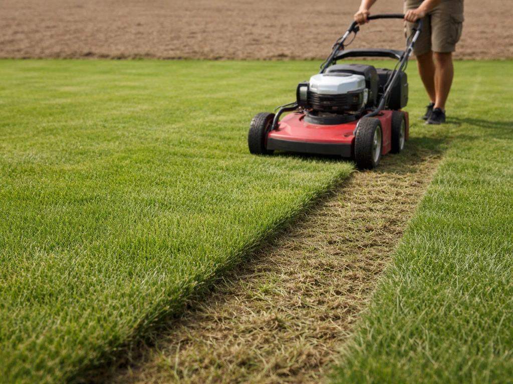 Tuinman staat bij een gazon terwijl een grasmaaier een proefstrook vilt losmaakt; gras eerst kort en gelijkmatig.