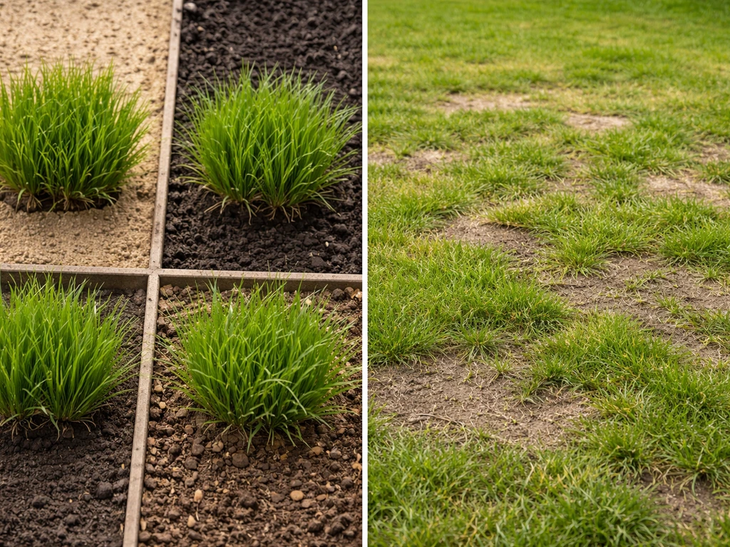 Links verschillende grondsoorten met passend groen gras; rechts een gazon met kale, slecht groeiende plekken.