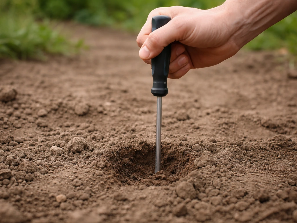 Hand steekt schroevendraaier in kale grond, zichtbaar tot ca. 10 cm als bodemcheck.