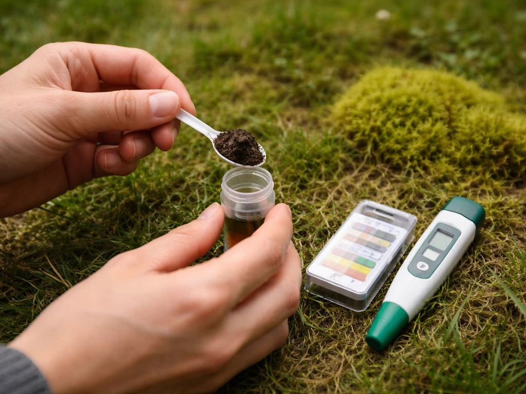 Hand houdt bodemsample vast naast een pH-testset voor gazon, met mos als context in de achtergrond.