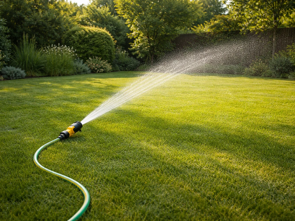 Vroege ochtend sproeien van het gazon met tuinslang en sproeikop, gelijkmatige wateropname zichtbaar.