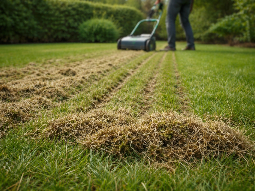 Groen gazon met zichtbare viltresten die vrijkomen tijdens verticuteren met een verticuteerhark
