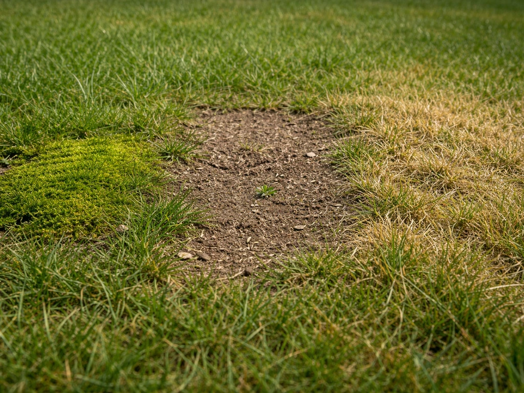Een gazon met duidelijk mos, kale plekken en geelbruin gras in één foto, bij natuurlijk daglicht.