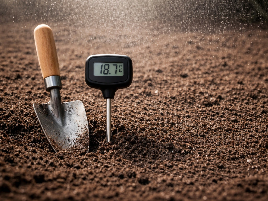 Thermometer naast een gelijkmatig vochtig zaaibed met fijne sproeinevel, close-up voor kiemomstandigheden.