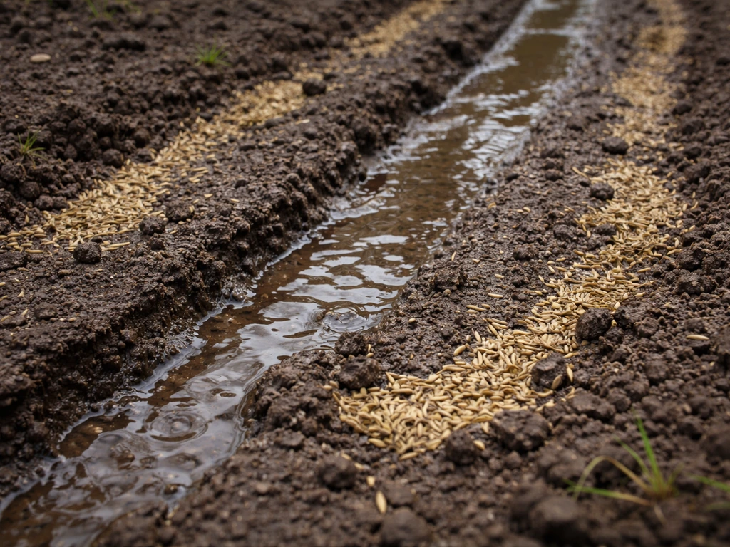 Zaaibed met waterstromen na zware regen; graszaad verschoven naar randen en lage plekjes