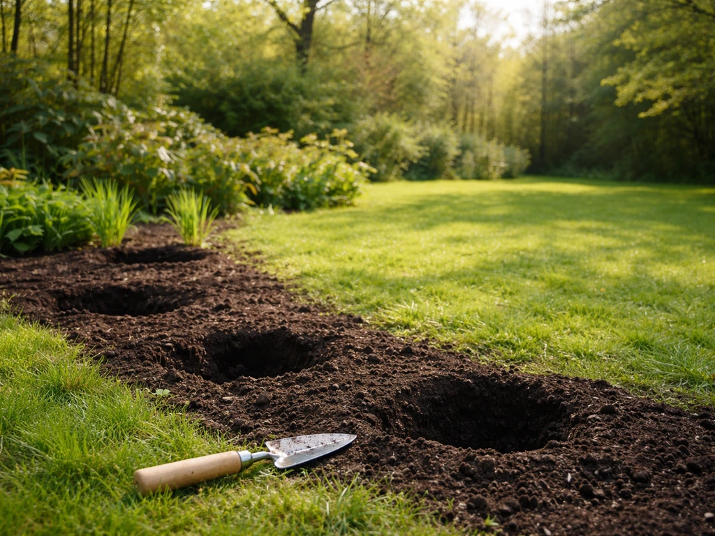 Zonnige Nederlandse tuin in het voorjaar met opgewarmde aarde en verse plantgaten voor pampasgras