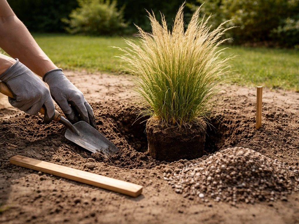 Tuinder graaft een plantgat en zet een pampasgraspunt in de volle grond, met grind en ruimte-markering.