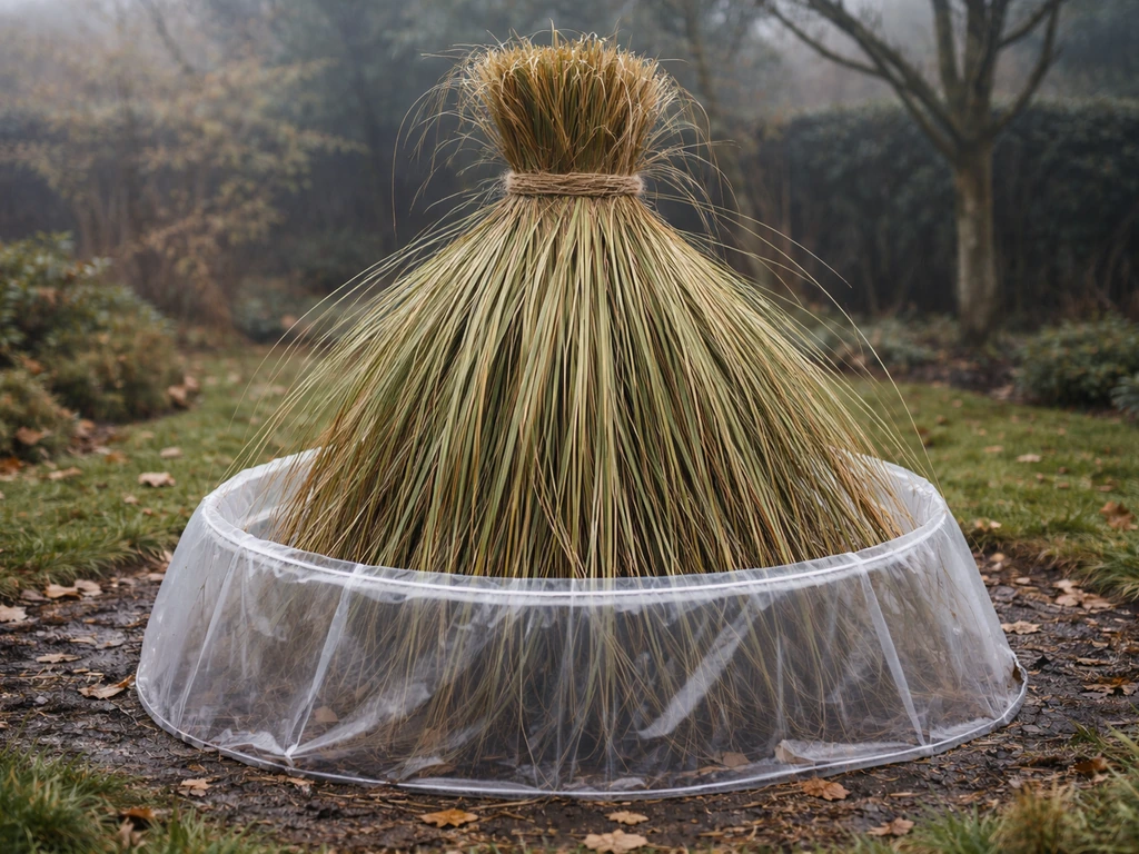 Pampasgraspol met bladeren bovenop bij elkaar gebonden en afgedekt tegen natte kou in de tuin.