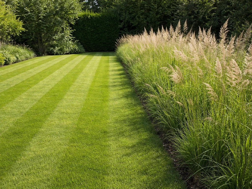 Links strak gemaaid gazon, rechts hoger en niet gemaaide siergrassen met pluimen en halmen.