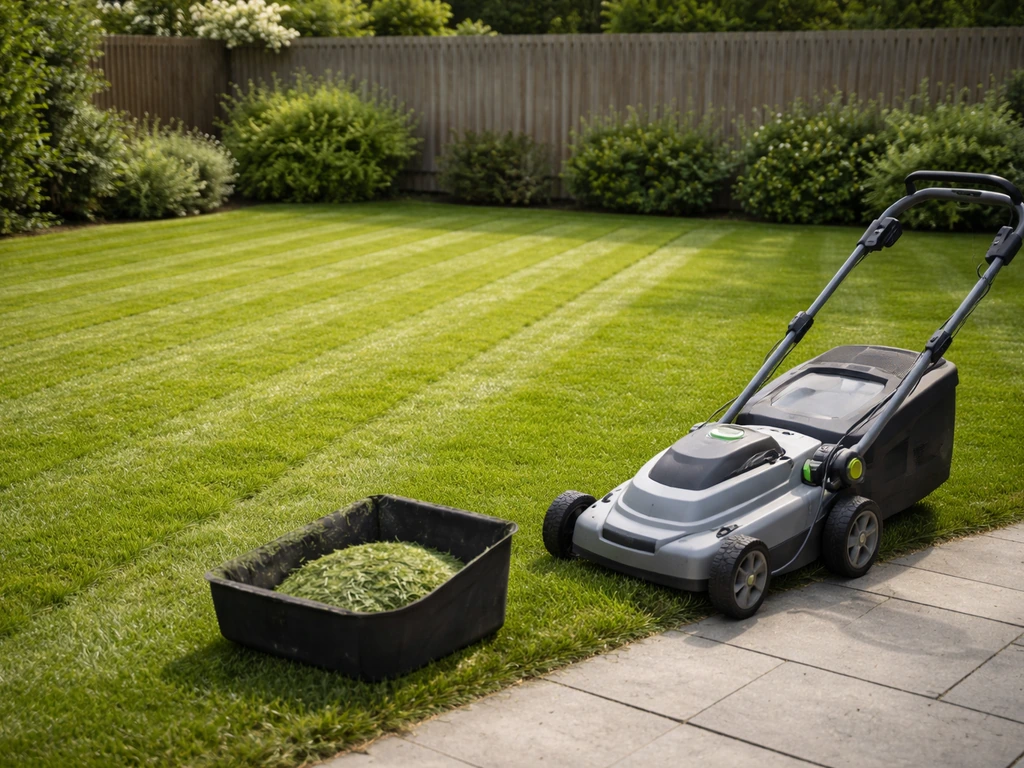 Elektrische grasmaaier staat klaar bij een net gemaaid gazon in een rustige tuin, zonder mensen.