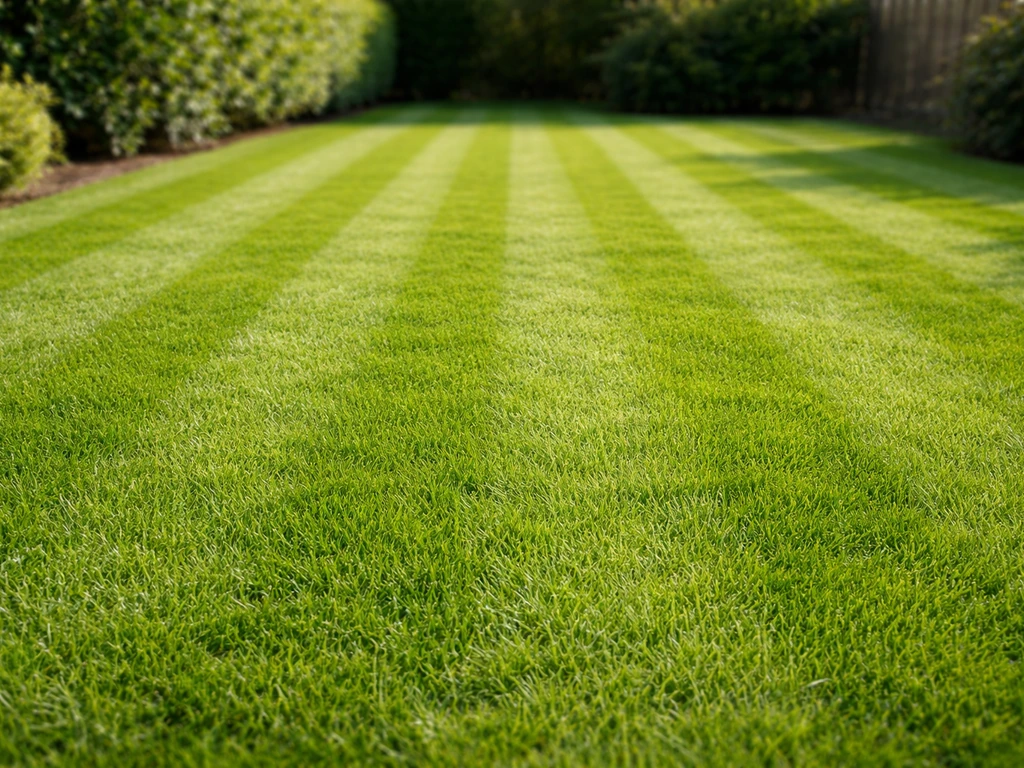 Scherp, frisgroen gazon met duidelijke maaistroken in een rustige Nederlandse tuin.