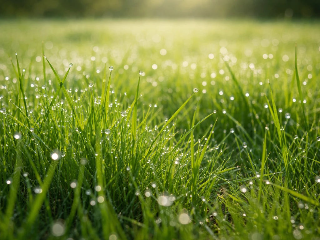 Groen gras met zichtbare dauwdruppels in de late ochtendzon, minimalistisch grasveld zonder mensen.