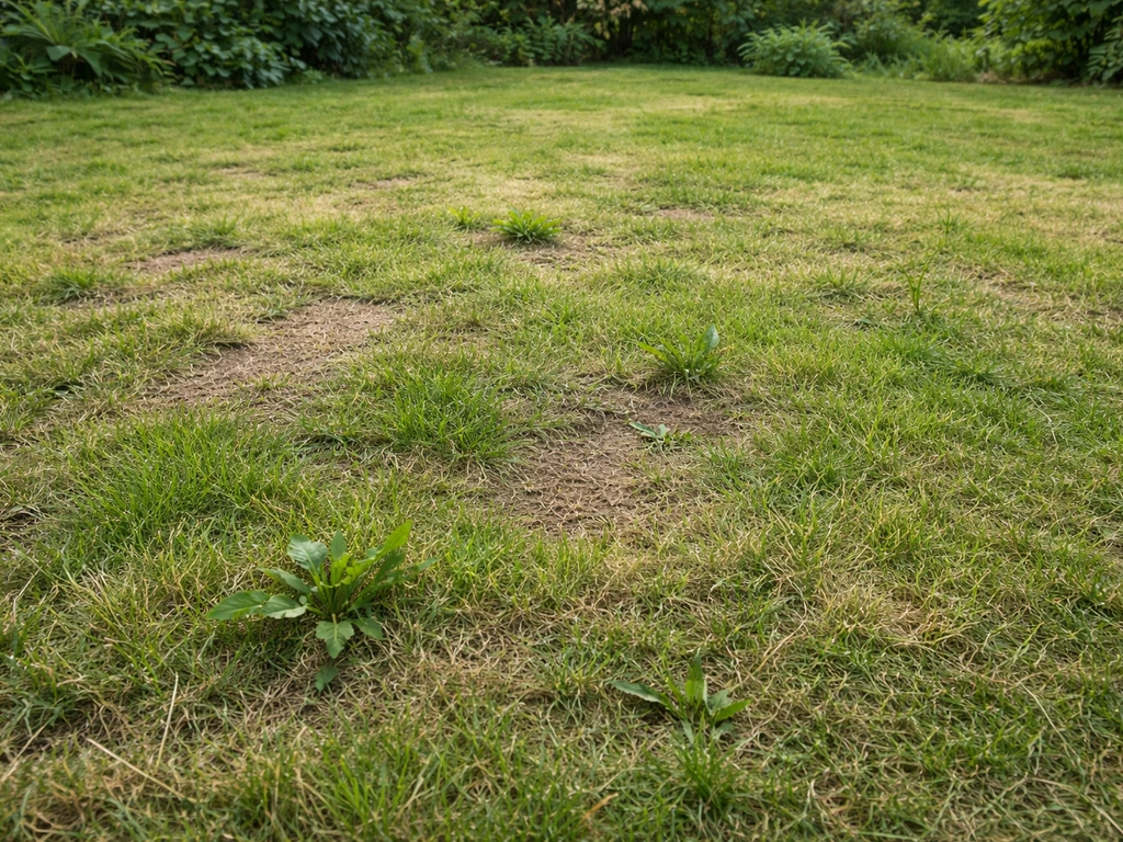 Grasveld met kale plekken en ongelijk groeiend gras, plus een paar onkruidscheuten na het maaien.