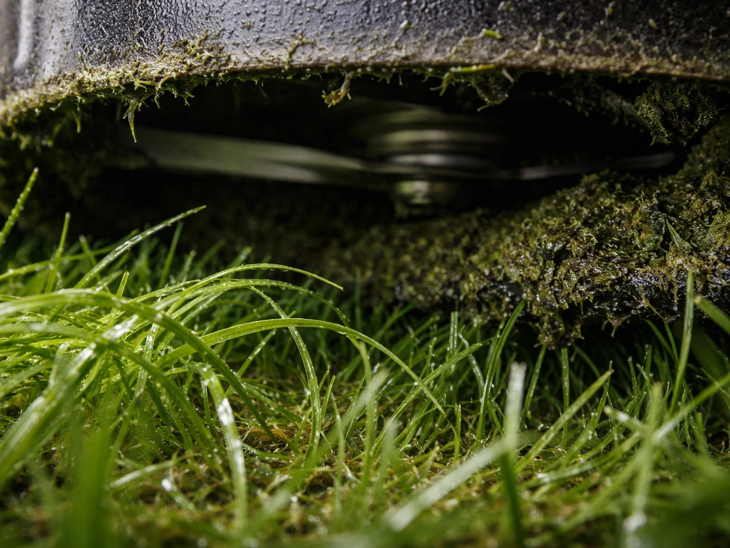 Close-up van nat gras met gebogen grassprieten en zichtbaar kleverig maaisel op een maaidek