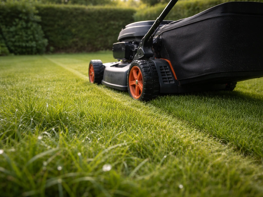 Grasmaaier op (licht) vochtig gras, focus op juiste maaihoogte en strakke maairichting.