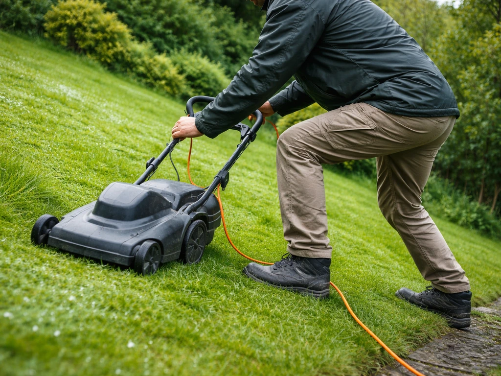Anonieme persoon maait nat gras op een helling met antislipschoenen en een elektrische grasmaaier met snoer.