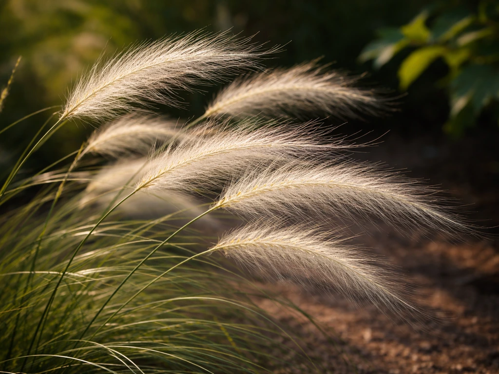 Close-up van stipa gras in een tuinborder met luchtige, vedervormige pluimen en dunne buigzame stengels.