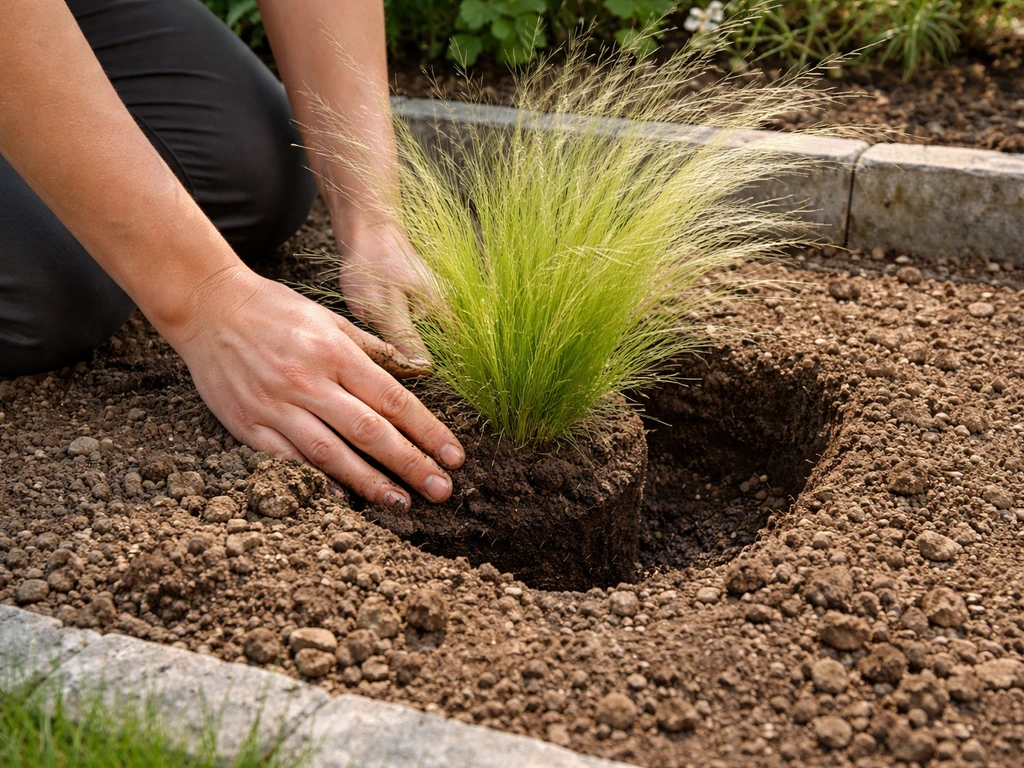 Tuinier in volle grond plant stipa bij een net uitgegraven plantgat op doorlatende, losgemaakte aarde