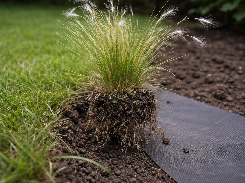 Close-up van een uitgestoken stipa-pol uit een gazonrand met wortels en zaadpluimen, met tuinbarrière ernaast.