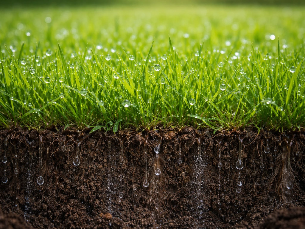 Gezonde grasmat met zichtbare waterdruppels en water dat diep de bodem in trekt.
