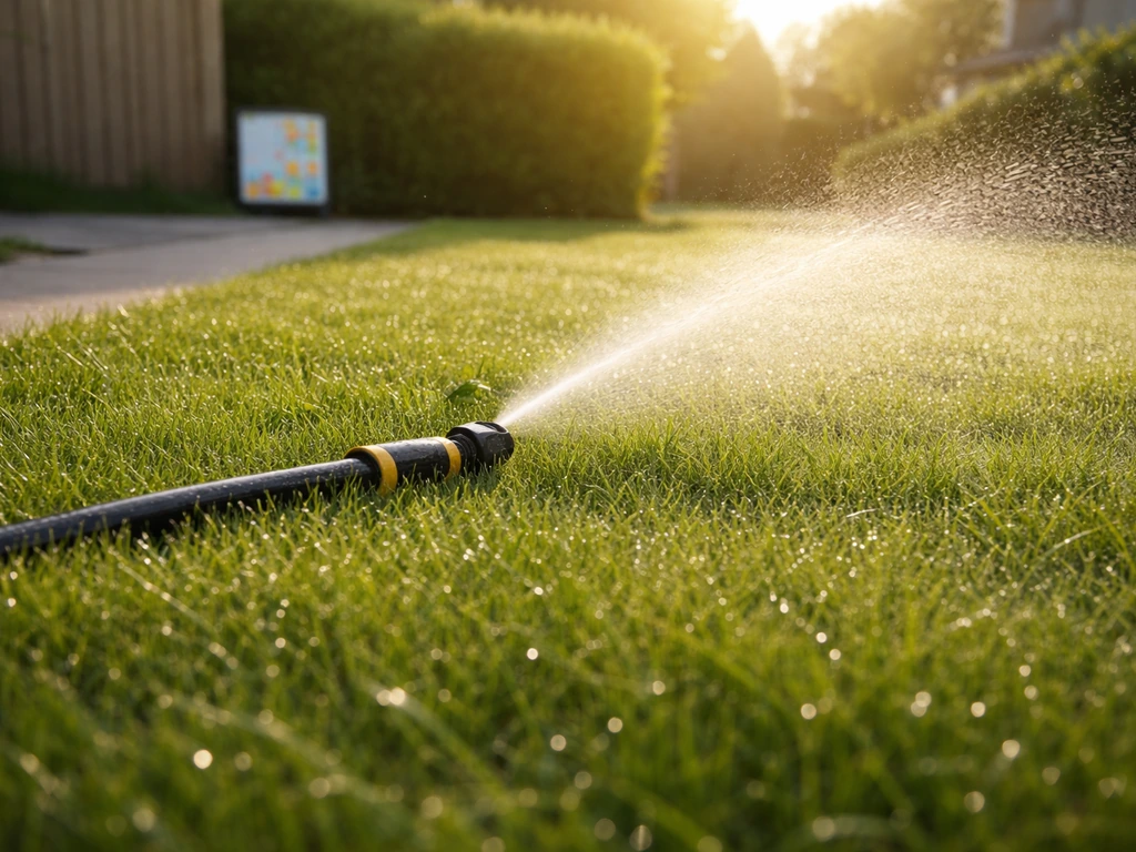 Vroege ochtend sproeislang op een groen gazon, met dauw en zonlicht terwijl de weersverwachting vaag op de achtergrond t