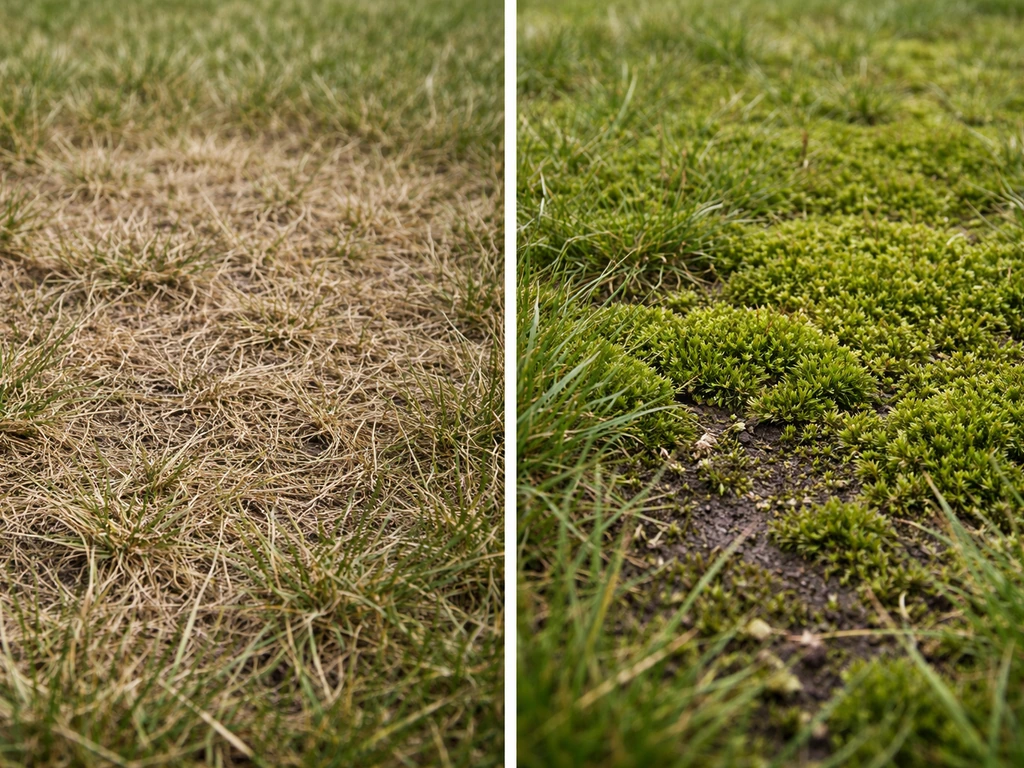 Twee gazonfragmenten naast elkaar: grijsbruin gras door droogte en mosrijke plek door te veel vocht.
