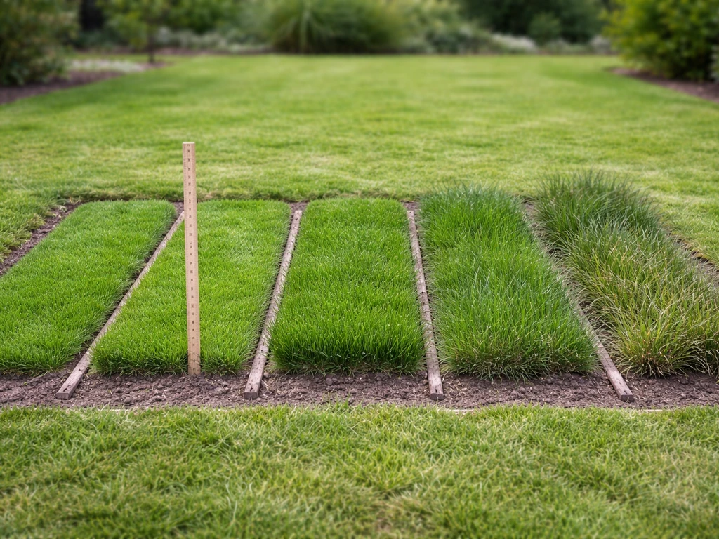 Kleine proefstukjes gras met verschillende maaihoogtes naast een meetlat, in een Nederlandse tuin bij daglicht.