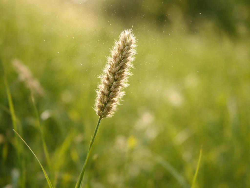 Close-up van groene grasaren met subtiele, lichtgevulde pollenpluis in de ochtendzon
