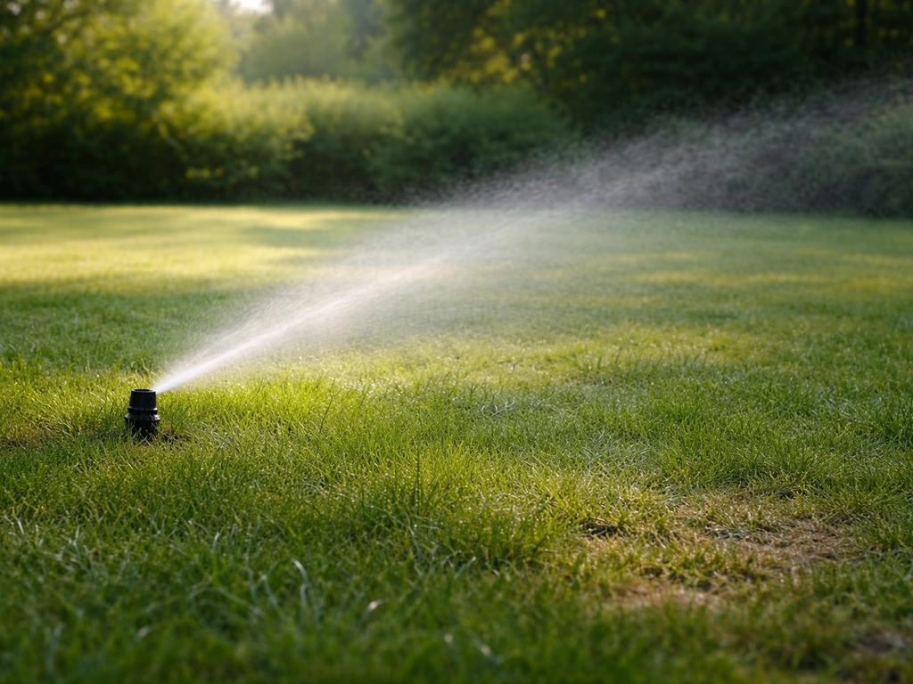 Vroege ochtend: sprinkler beregent een gazon met dauw en een duidelijk natte zone op het gras.