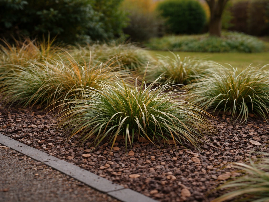 Siergras in een Nederlands tuinperkje, scherp en sfeervol, met seizoenskleur en nette bodembedekking.
