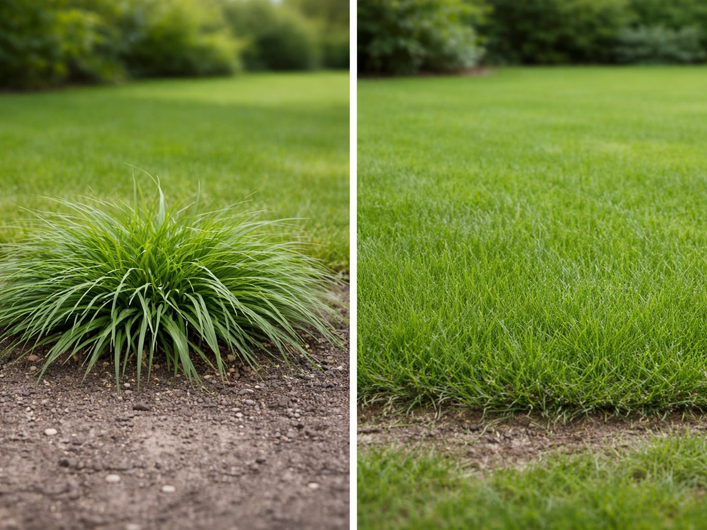 Vergelijking van een laag, polvormend siergrasje naast dicht, vlak Engels raaigras in een tuin.