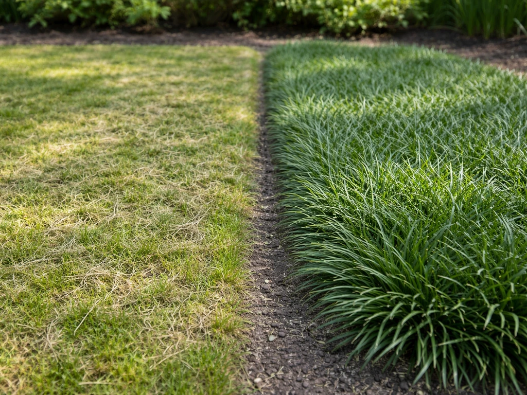 Links verticuteren op een gazon, rechts geen ingreep bij Japans siergras (zachte grens zichtbaar).