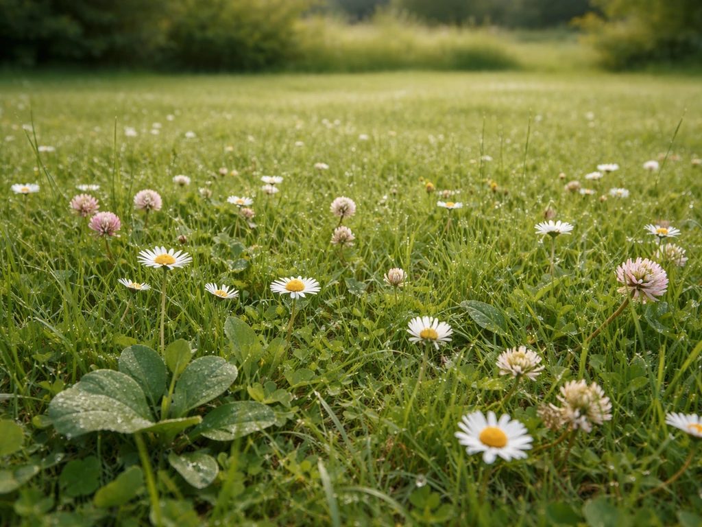 Kruidenrijk grasveldje in Nederland met bloeiende klaver en madeliefjes, tussen grassen in natuurlijk groen
