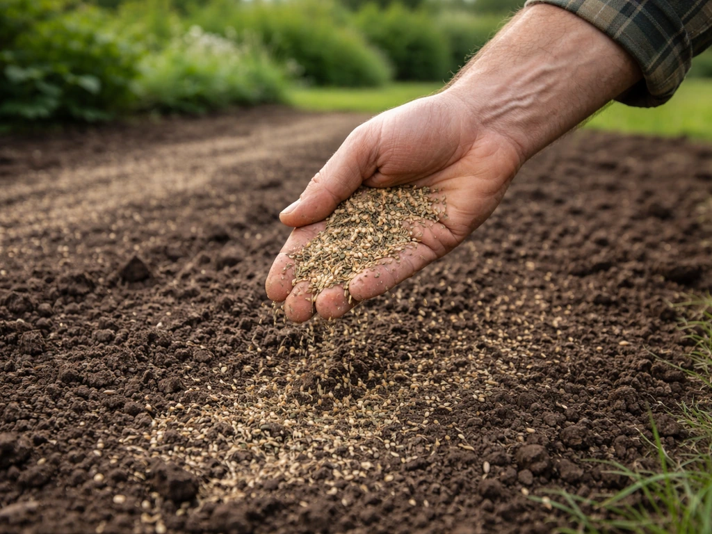 Hand van een tuinier die zaden voor een kruidenrijk gazon uitzaait op voorbereide aarde in een Nederlandse tuin.
