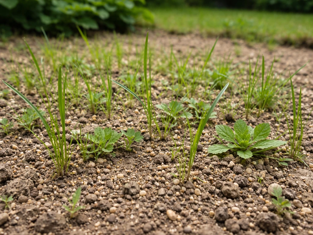 Close-up van kruidenrijk gras-inzaaimengsel met smalle weegbree en grassen in een tuinbodem, natuurlijk en minimaal.
