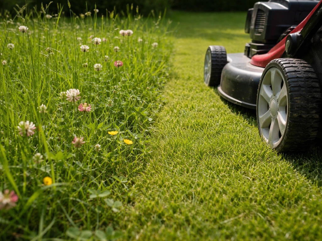 Tuinier maait een kruidenrijk gazon met hoge maaihoogte, duidelijk hogere grashalmen zichtbaar.