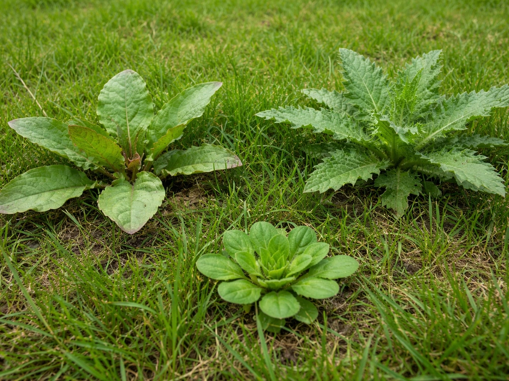 Kruidenrijk gras met ongewenste onkruiden (rozet en grote bladeren) en een kleine gewenste rozet, in tuinlicht.