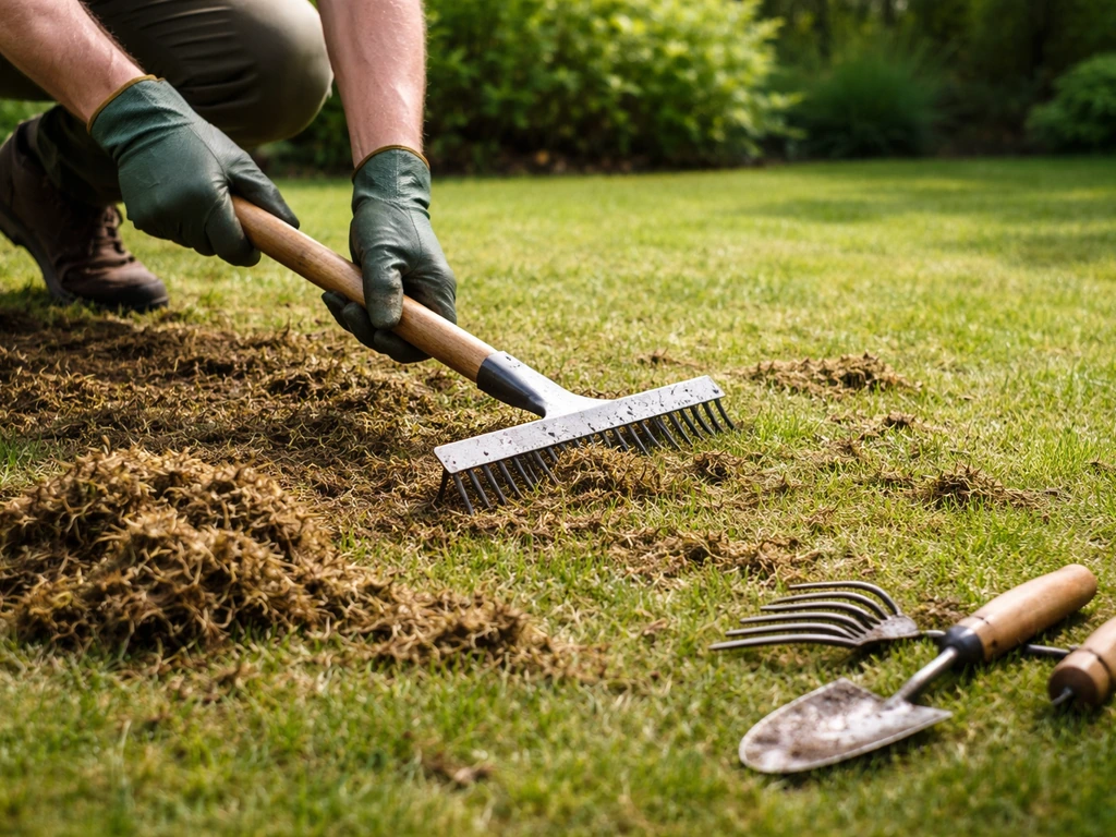 Tuinman die grasresten verwijdert en een schar hanteert op een gazon, met gereedschap klaar voor het voorjaar