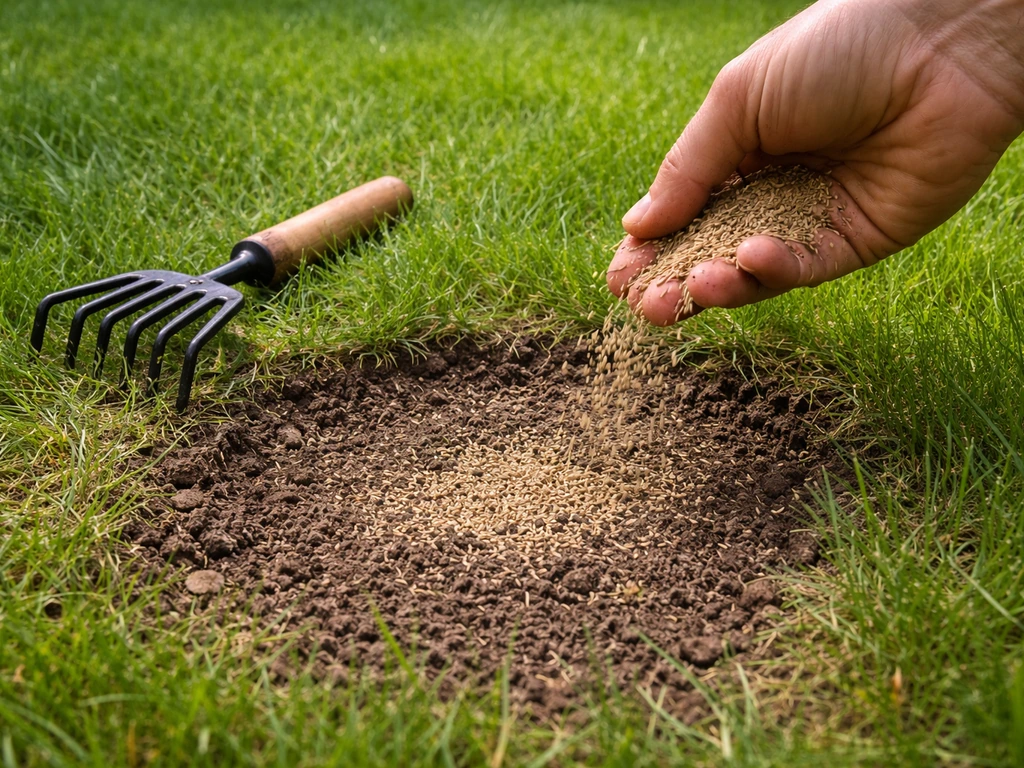 Hand strooit graszaad uit op een kale plek in het gazon en de zaadjes worden licht afgedekt.