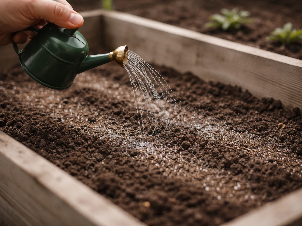 Anonieme hand die met een kleine gieter subtiel water geeft aan een vers ingezaaide tuinstrook.