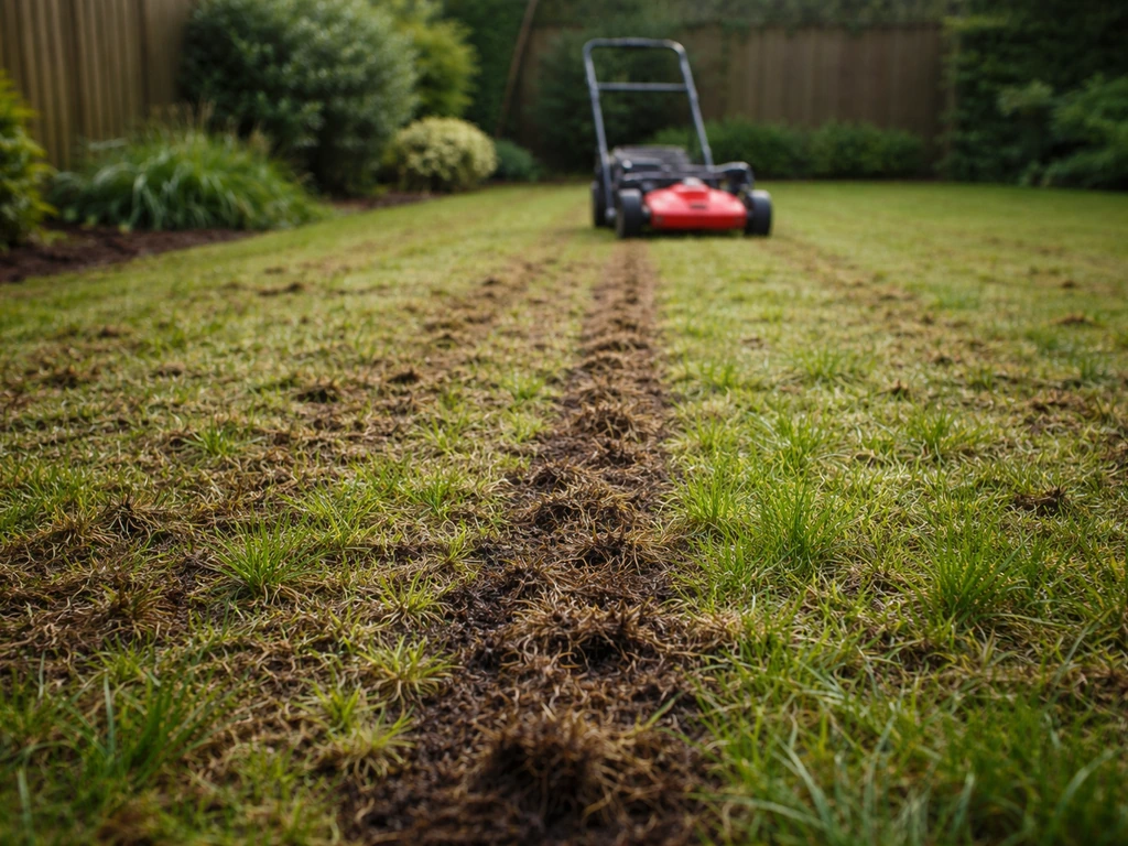 Vochtig gazon na het verticuteren, vilt dat loskomt, met verticuteermachine op de achtergrond.