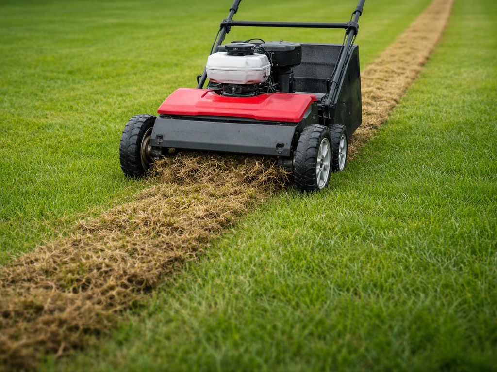 Verticuteermachine rijdt over vochtig gras; er ligt een smalle losgetrokken vilt-/maaiselstrook achter.