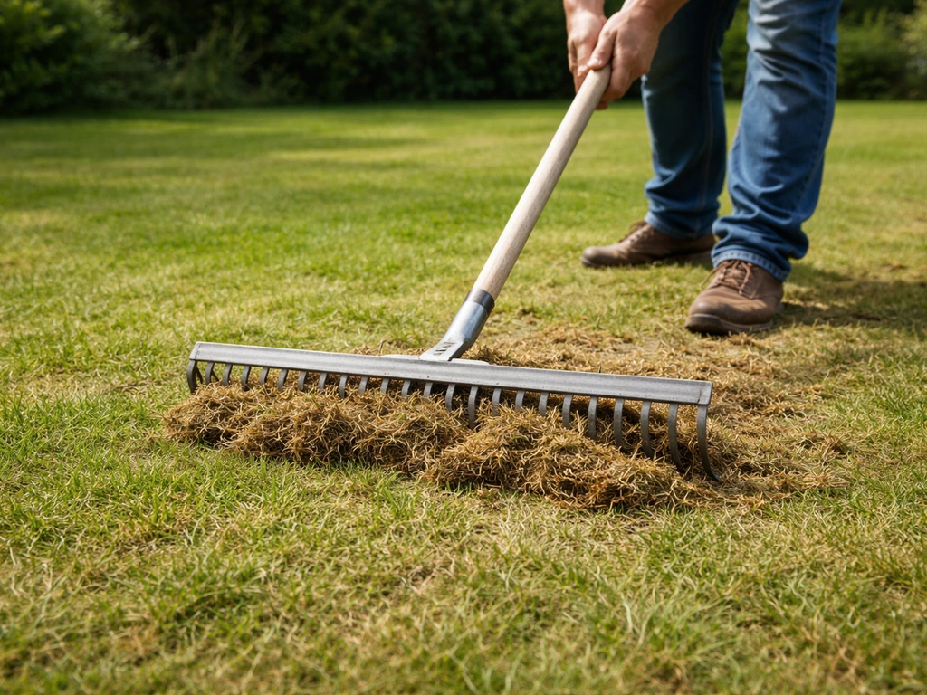 Iemand harkt losgetrokken vilt en dood grasmateriaal direct van het gazon, met een nette harklijn