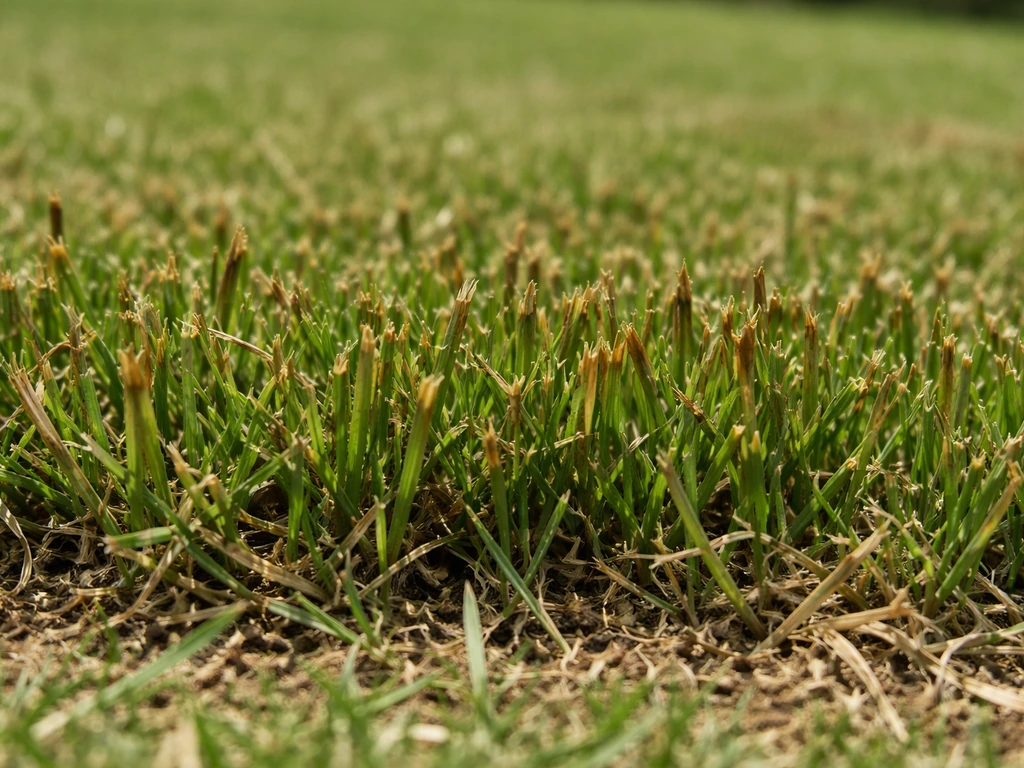 Gazon met te kort gemaaide grassprieten en bruine, verbrand uitziende randen in de zon